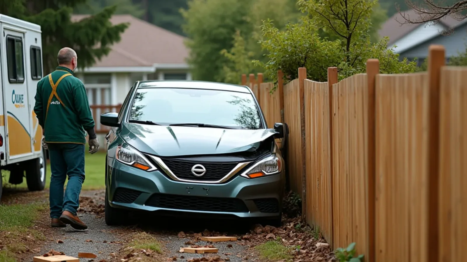 Sedan that has crashed through a wood fence into a Lakewood front yard with broken pickets scattered