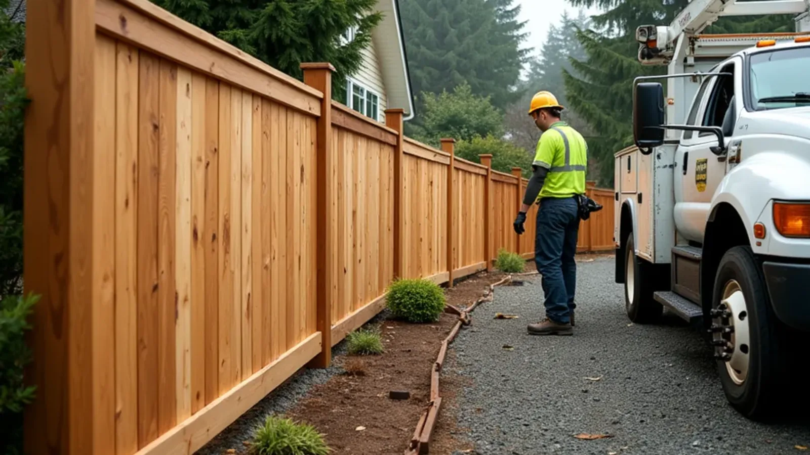 Wind-flattened cedar privacy fence leaning across a Lakewood backyard after a Puget Sound storm