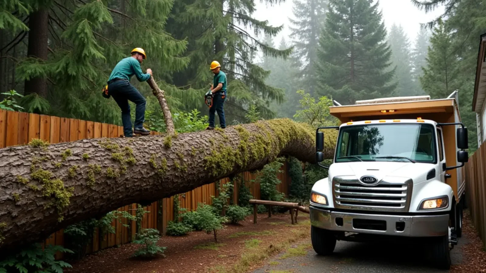 Large Douglas fir fallen across a backyard wood fence after a Pierce County windstorm