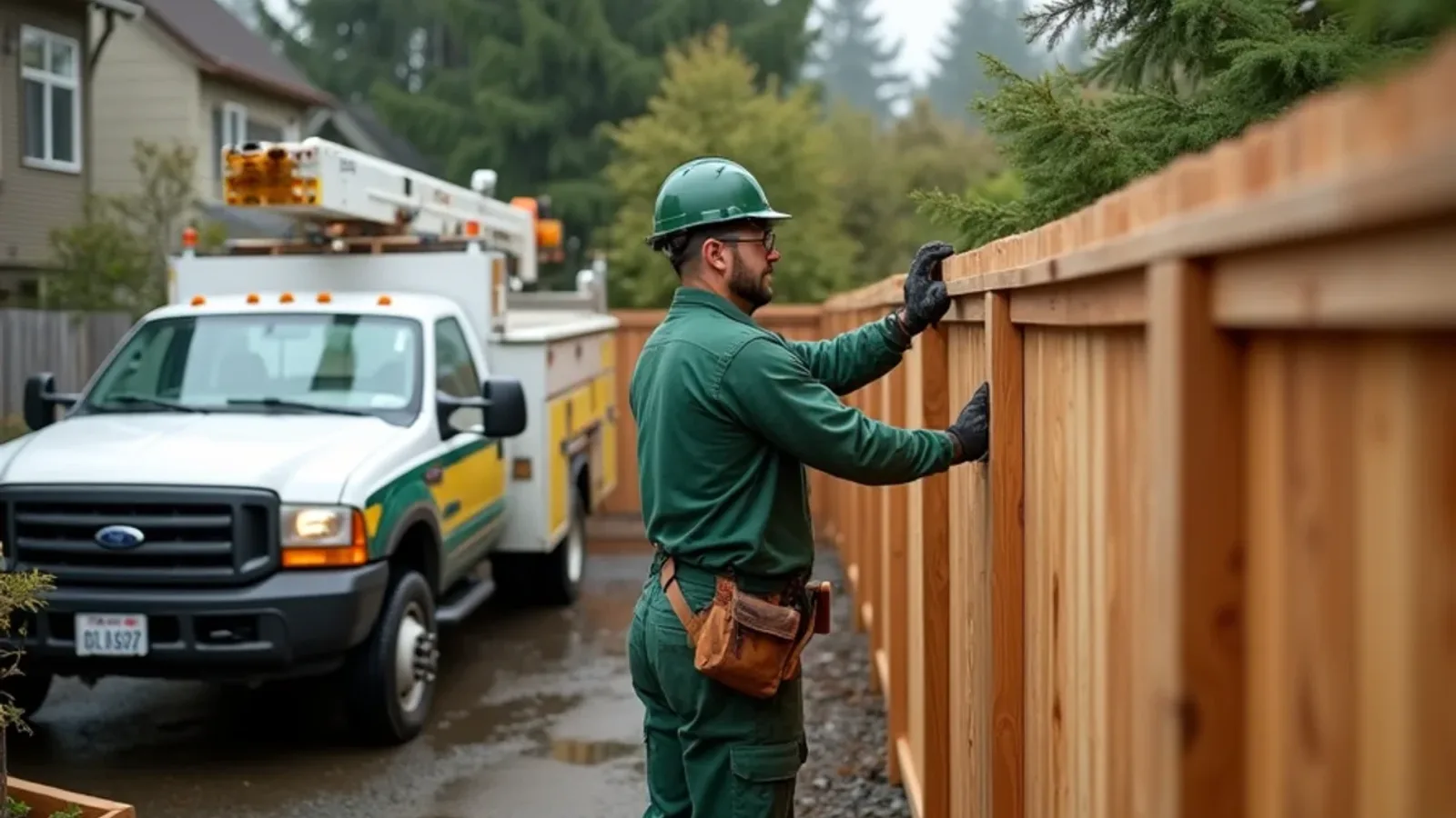 Fence contractor installing a cedar privacy fence on a wet Lakewood, WA backyard